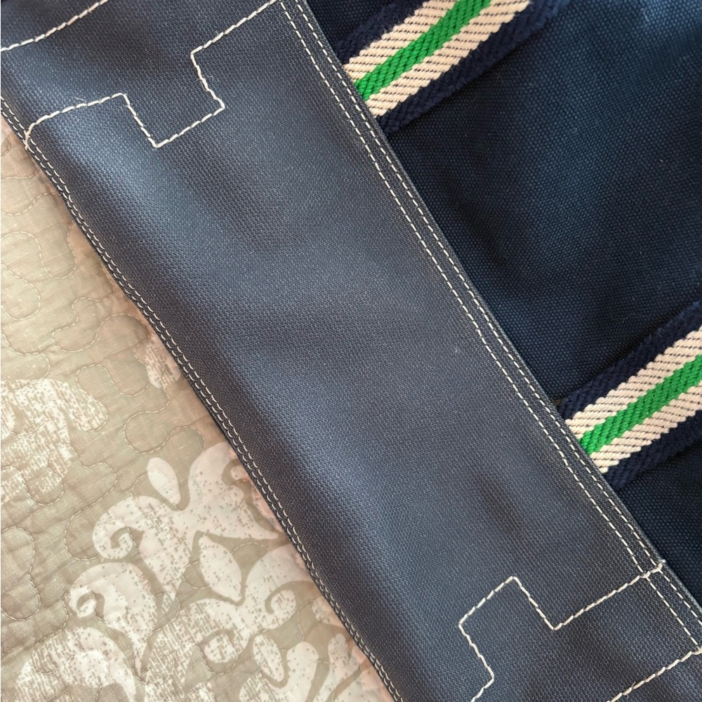 Tori Burch Canvas Tote Navy Blue Tote Bag with Green and White Straps - Picture 4 of 4